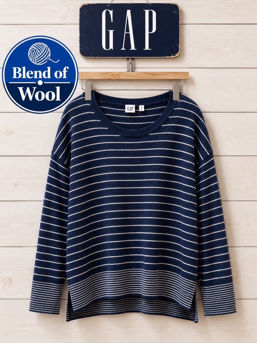 GAP Navy Blue and White Striped Sweater - Size L Petite